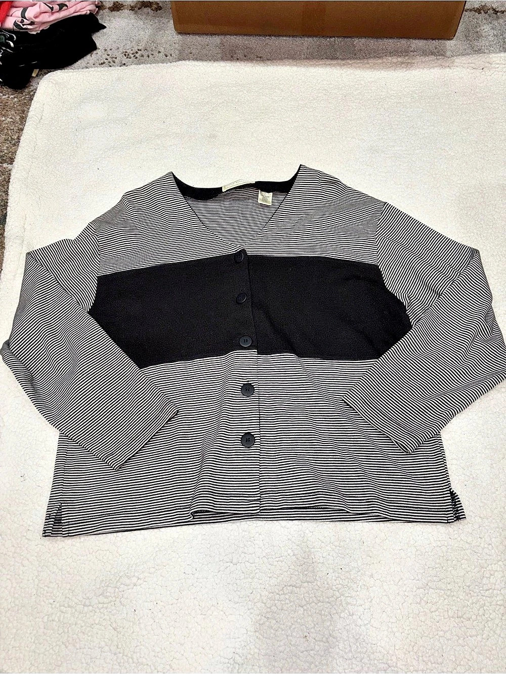 Studio Works & Co. Striped Long Sleeve Top in Black & White 100% Cotton Size Lar
